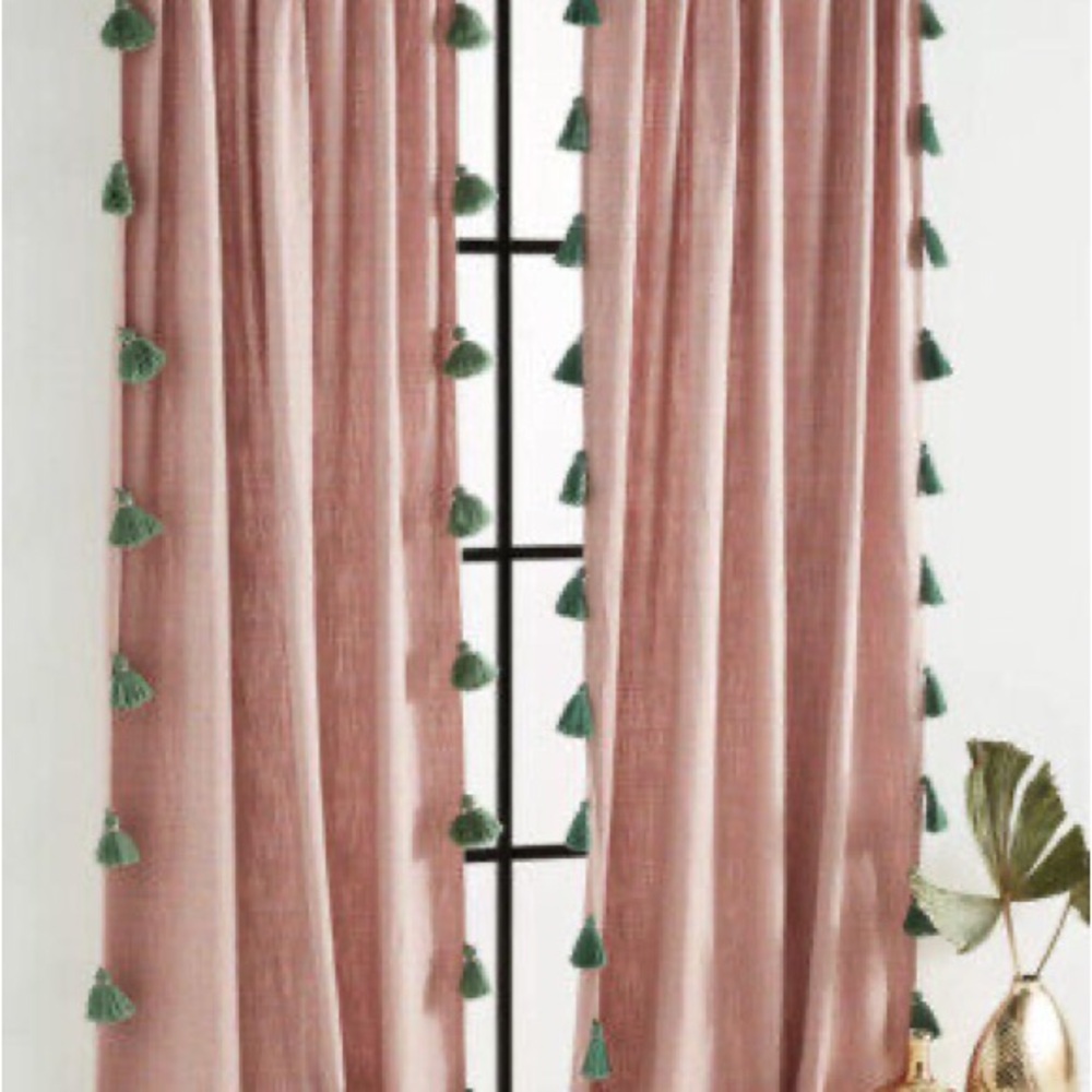 Anthro Mindra tassels curtain 63x50”. $100 for TWO panels or $50 PER PANEL.